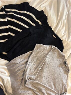 3 Cozy Sweaters BUNDLE- Black, Striped Black/White & Light Gray